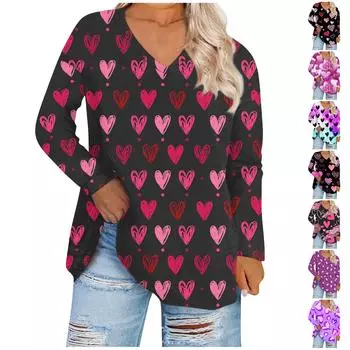 Женский топ большого размера с v-образным вырезом, повседневные свободные удобные футболки с длинными рукавами с принтом, топы XXL чёрный
