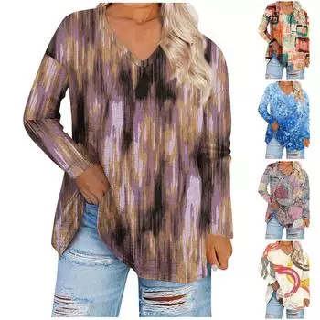 Женский топ большого размера с v-образным вырезом, повседневные свободные удобные футболки с длинными рукавами с принтом, топы XXL синий