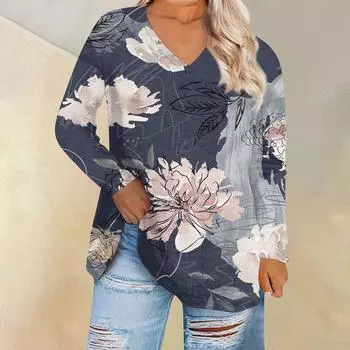 Женский топ большого размера с v-образным вырезом, повседневные свободные удобные футболки с длинными рукавами с принтом, топы XXL