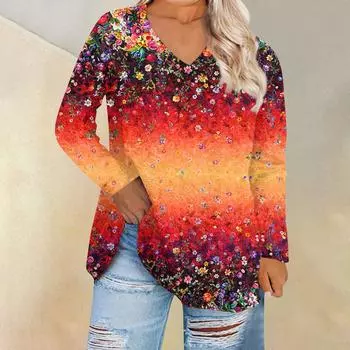 Женский топ большого размера с v-образным вырезом, повседневные свободные удобные футболки с длинными рукавами с принтом, топы XL красный