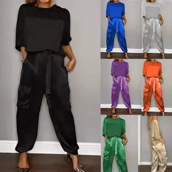 Женский топ, брючный костюм с круглым вырезом, короткими рукавами, карманами, шнуровкой на талии, сплошной цвет, повседневная свободная дышащая женская повседневная футболка, комплект брюк XS фиолетовый