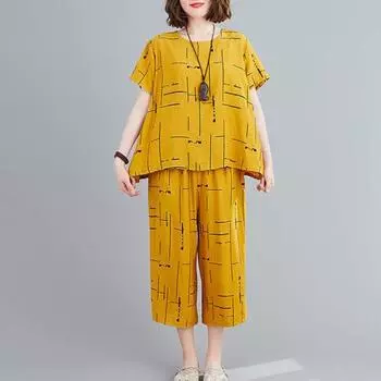 Женский топ, брюки, комплект с круглым вырезом, футболка с короткими рукавами и эластичным поясом, широкая нога M красный