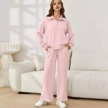 Женский топ, брюки, комплект, сплошной цвет, толстовка на молнии с длинными рукавами и регулируемой талией, широкая L абрикосовый