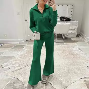 Женский топ, брюки, комплект, сплошной цвет, толстовка на молнии с длинными рукавами и регулируемой талией, широкая M розы красного