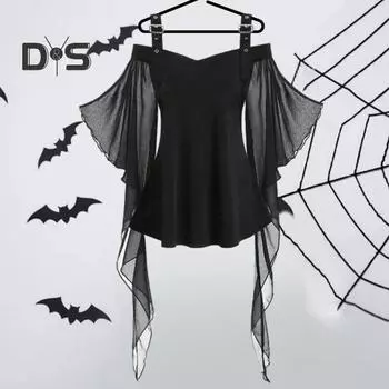 Женский топ для Хэллоуина, костюм для вечеринки на Хэллоуин, рукав «летучая мышь», кружево, кисточки, регулируемый плечевой ремень, А-силуэт, облегающий однотонный женский топ для косплея 2XL чёрный
