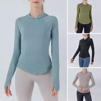 Женский топ для йоги, эластичный цветной крой, быстросохнущий, однотонный, тонкий, с капюшоном, длинный, мягкий, дышащий S синий