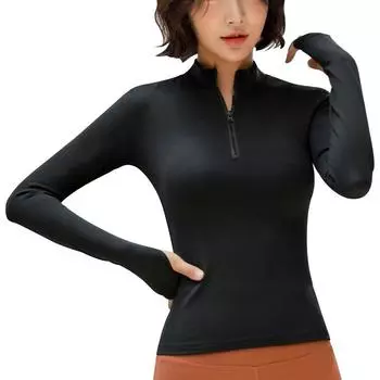 Женский топ для йоги, спортивная рубашка для йоги с длинным рукавом на молнии и отверстиями для больших пальцев, однотонная быстросохнущая дышащая рубашка для тренажерного зала и фитнеса S чёрный