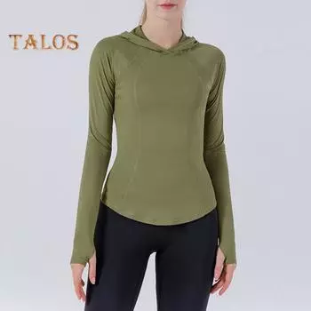 Женский топ для йоги, тонкий, облегающий, быстросохнущий, однотонный, с капюшоном, с длинным рукавом, эластичный, мягкий, дышащий, для фитнеса, бега, пешего туризма, толстовка, спортивная одежда S армия зеленый