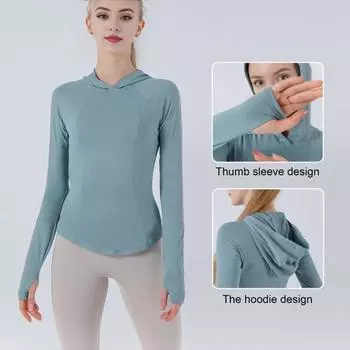 Женский топ для йоги Yousheng, тонкий, облегающий, быстросохнущий, однотонный, с капюшоном, с длинным рукавом, эластичный, мягкий, дышащий, для фитнеса, бега, пешего туризма, толстовка, спортивная одежда S чёрный