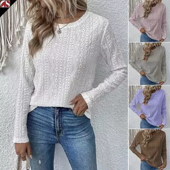 Женский топ для отдыха на весну и осень, однотонный пуловер с круглым вырезом, футболка с длинными рукавами S белый