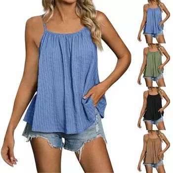 Женский топ для отдыха, однотонный свободный плиссированный жилет без рукавов M чёрный