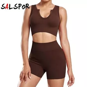 Женский топ для спортзала, женский комплект с U-образным вырезом, комплект из 2 предметов, летние бесшовные спортивные шорты в полоску с эффектом пуш-ап, повседневные шорты, топ из 2 шт. S чёрный
