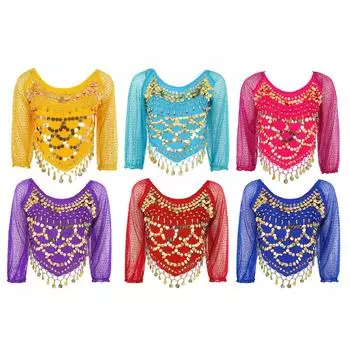 Женский топ для танца живота с пайетками, длинный рукав, шифоновый укороченный топ с завязками сзади для карнавала One Size красный