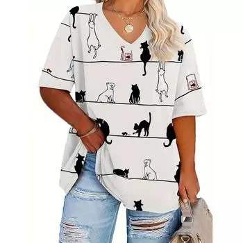 Женский топ, футболки с принтом кота, женская одежда большого размера, футболки, летние топы с v-образным вырезом, рубашка, оригинальный дизайн, милые футболки с животными L