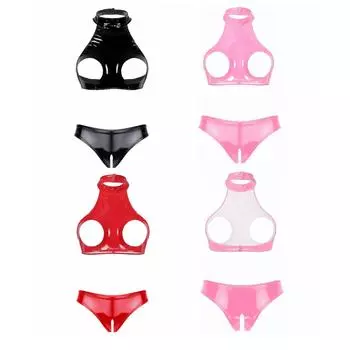 Женский топ-халтер с мокрым эффектом, укороченный топ с открытой грудью и открытой спиной, подходящие трусы с высоким вырезом и вырезом S