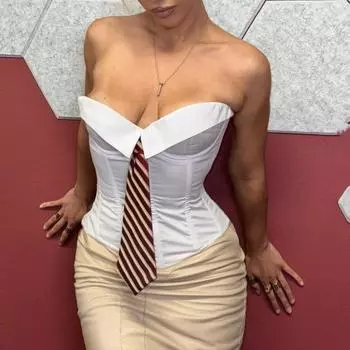 Женский топ Hottie с глубоким вырезом в деловом стиле с атласным галстуком и однотонным стальным завязкой Fishbone S белый