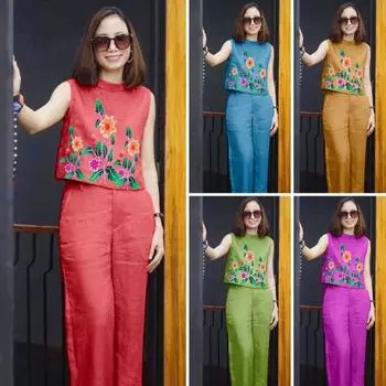 Женский топ и брюки из 2 шт./компл., комплект с цветочным принтом и эластичной резинкой на талии, повседневная свободная одежда без рукавов, повседневная одежда с круглым вырезом, большой размер, женский жилет XL красный