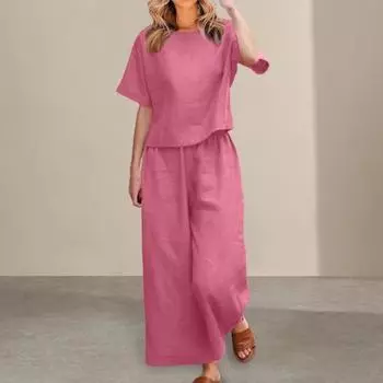 Женский топ и брюки, комплект с круглым вырезом, однотонная футболка с короткими рукавами, регулируемая талия, широкая S розовый