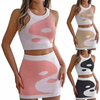 Женский топ из двух частей без рукавов с круглым вырезом, трикотажная юбка, домашний повседневный костюм контрастного цвета L чёрный