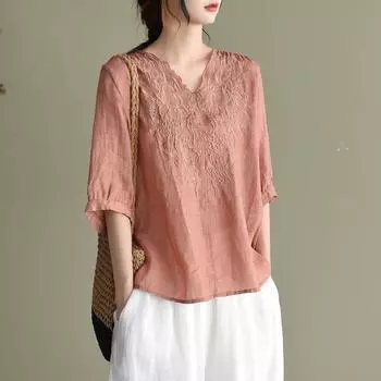 Женский топ из хлопка с вышивкой и V-образным вырезом большого размера M белый