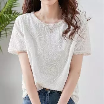 Женский топ из шифона с кружевной вышивкой, лето 2024 г. - короткий рукав, свободный крой, круглый вырез, белый цвет XL белый