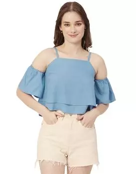 Женский топ из вискозы с открытыми плечами и принтом Moomaya, летний укороченный топ с оборками L синий