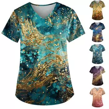 Женский топ-карман с струящимся золотым принтом и имитацией пайеток L синий