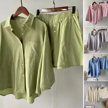 Женский топ, комплект из 2 шт./компл., однотонный повседневный комплект свободного кроя, однобортная блузка с высокой талией, брюки, костюм, повседневная одежда