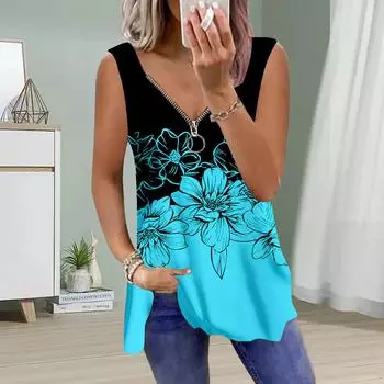 Женский топ летней линии с цветочным принтом, повседневный, большого размера, без рукавов, на молнии, с V-образным вырезом, майка XS синий