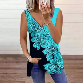 Женский топ летней линии с принтом подсолнухов, повседневный, большого размера, без рукавов, на молнии, с V-образным вырезом, майка XS синий