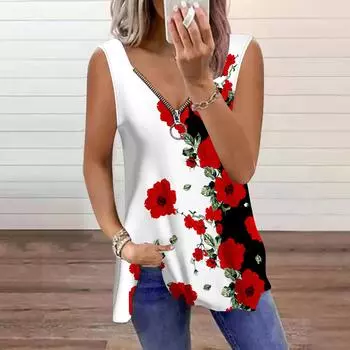 Женский топ, летний, горный топ с принтом роз, повседневный, большого размера, без рукавов, на молнии, с V-образным вырезом, майка XS красный