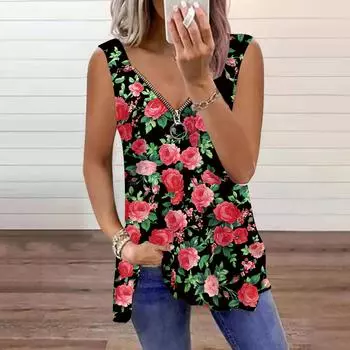 Женский топ, летний, красный, с принтом феи, повседневный, большого размера, без рукавов, на молнии, с V-образным вырезом, майка XS розовый