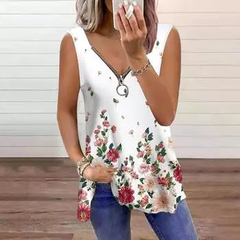Женский топ, летний, красочный, с принтом падающих цветов, повседневный, большого размера, без рукавов, на молнии, с V-образным вырезом, майка XS зелёный
