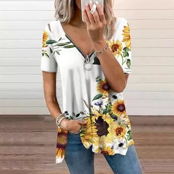 Женский топ, летний новый модный белый повседневный топ с принтом подсолнухов и застежкой-молнией с v-образным вырезом и короткими рукавами XS белый