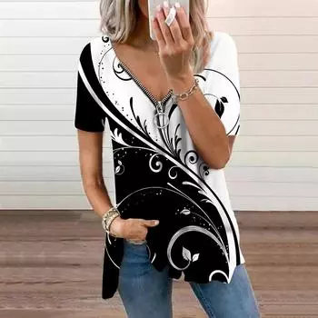 Женский топ, летний новый модный белый топ с изогнутыми цветами и принтом, повседневный топ на молнии с v-образным вырезом и короткими рукавами XS синий