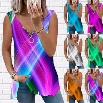 Женский топ, летний новый модный цветной повседневный топ с крестообразным принтом, топ без рукавов на молнии с v-образным вырезом, майка на бретелях XS фиолетовый