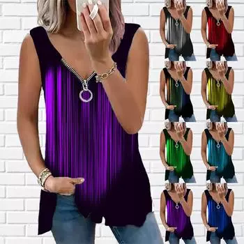 Женский топ, летний новый модный цветной топ с сердечками R и принтом, повседневный топ без рукавов на молнии с v-образным вырезом, майка на бретелях XS фиолетовый