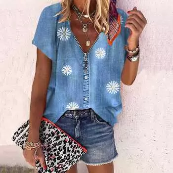 Женский топ, летний новый модный джинсовый топ с цветочным узором и принтом, повседневный топ на молнии с v-образным вырезом и короткими рукавами XS зелёный