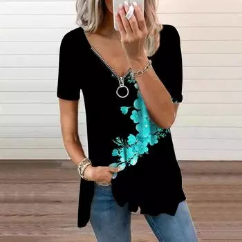 Женский топ, летний новый модный изогнутый топ с цветком персика и принтом, повседневный топ на молнии с v-образным вырезом и короткими рукавами XS синий