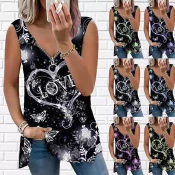 Женский топ, летний новый модный красивый повседневный топ с принтом «Любовь», без рукавов, на молнии, с v-образным вырезом, топ на бретелях XS розовый