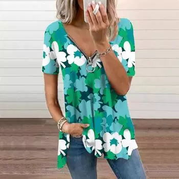 Женский топ, летний новый модный оранжевый топ с красивыми цветами и принтом, повседневный топ на молнии с v-образным вырезом и короткими рукавами XS красный