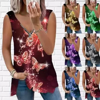 Женский топ, летний новый модный повседневный топ с золотым принтом бабочки размера плюс, топ без рукавов на молнии с v-образным вырезом, майка XS зелёный