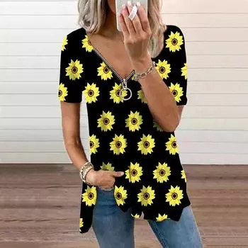 Женский топ, летний новый модный повседневный топ с короткими рукавами и застежкой-молнией с v-образным вырезом и принтом подсолнечника XS фиолетовый