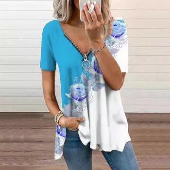 Женский топ, летний новый модный повседневный топ с синим жемчугом и розой на молнии с v-образным вырезом и короткими рукавами XS фиолетовый