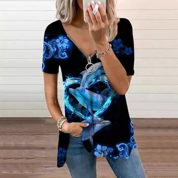 Женский топ, летний новый модный повседневный топ с кристаллами и дельфином на молнии с v-образным вырезом и короткими рукавами XS красный