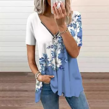 Женский топ, летний новый модный повседневный топ с зеленой розой и v-образным вырезом на молнии и короткими рукавами XS красный