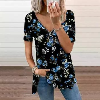 Женский топ, летний новый модный повседневный топ с короткими рукавами и красивыми красными розами на молнии с v-образным вырезом XS красный