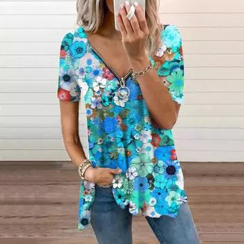 Женский топ, летний новый модный повседневный топ с розовыми лепестками и застежкой-молнией с v-образным вырезом и короткими рукавами XS синий