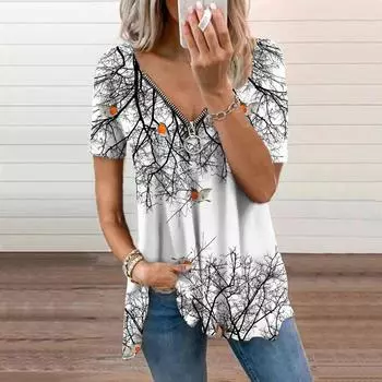 Женский топ, летний новый модный повседневный топ с белыми птицами и застежкой-молнией с v-образным вырезом и короткими рукавами XS фиолетовый