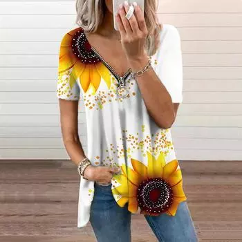 Женский топ, летний новый модный повседневный топ с золотым подсолнухом и застежкой-молнией с v-образным вырезом и короткими рукавами XS белый